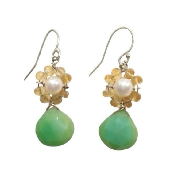 925 Sterling Silver Chrysoprase Dangle Drop Earrings Pearl Beaded Citrine Hook - Picture 3 of 8